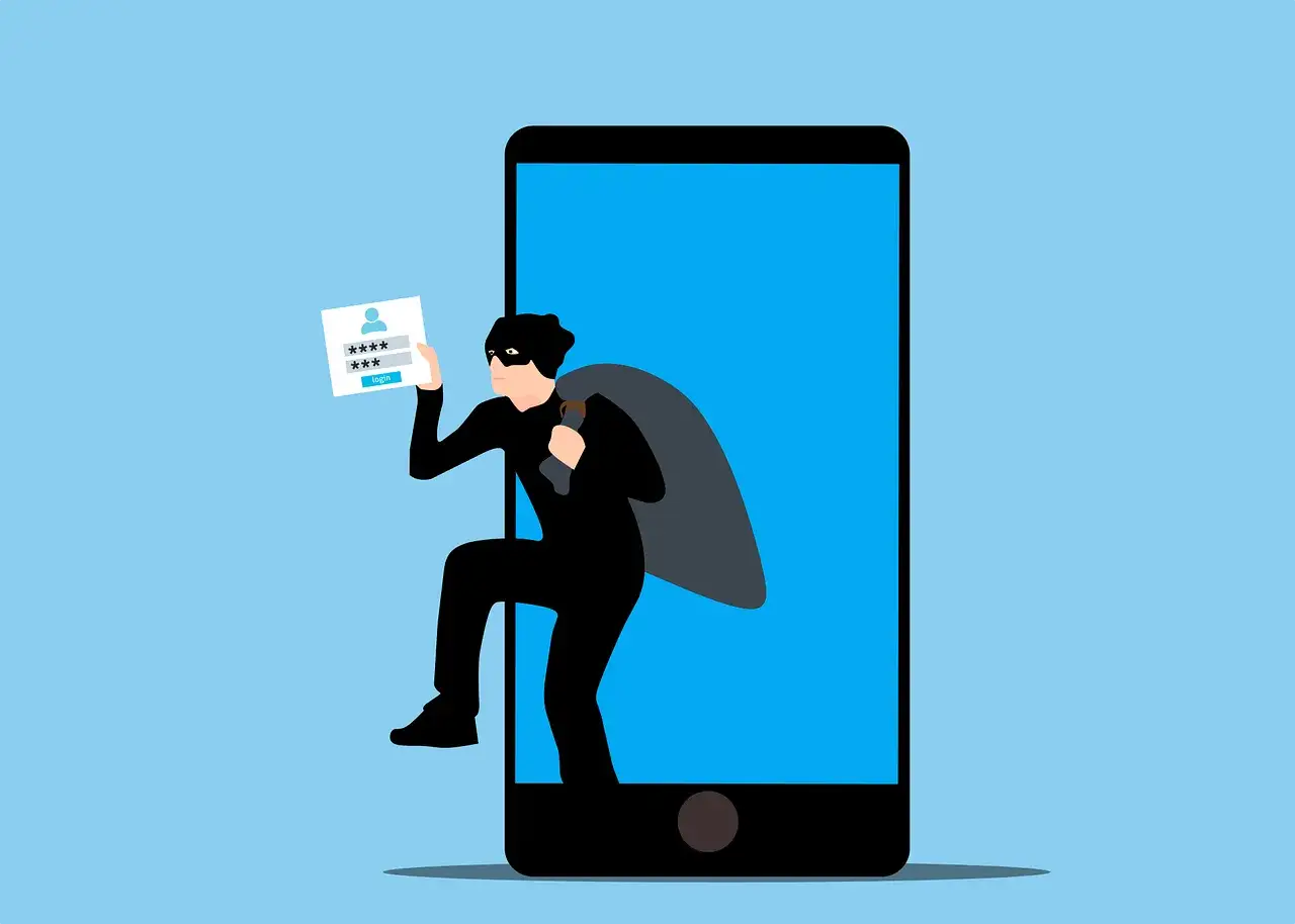 Ladr&oacute;n sale de un smartphone con un saco, sosteniendo una tarjeta de inicio de sesi&oacute;n. &iexcl;Ten cuidado, te pueden robar datos por una llamada!