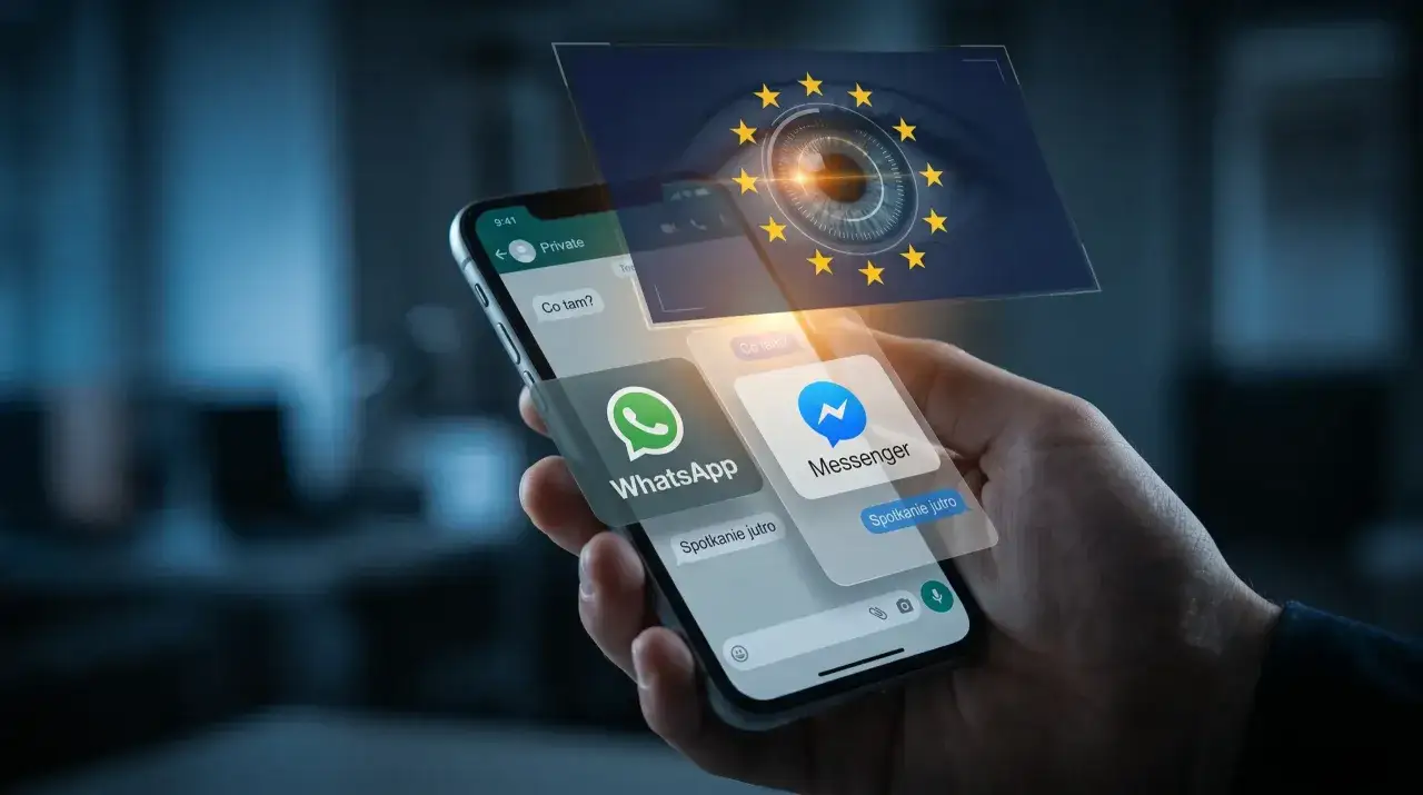 Dłoń trzyma smartfon z ikonami WhatsApp i Messenger. Nad telefonem unosi się hologram z okiem i gwiazdami Unii Europejskiej, symbolizujący ochronę danych i antywirus na telefon.