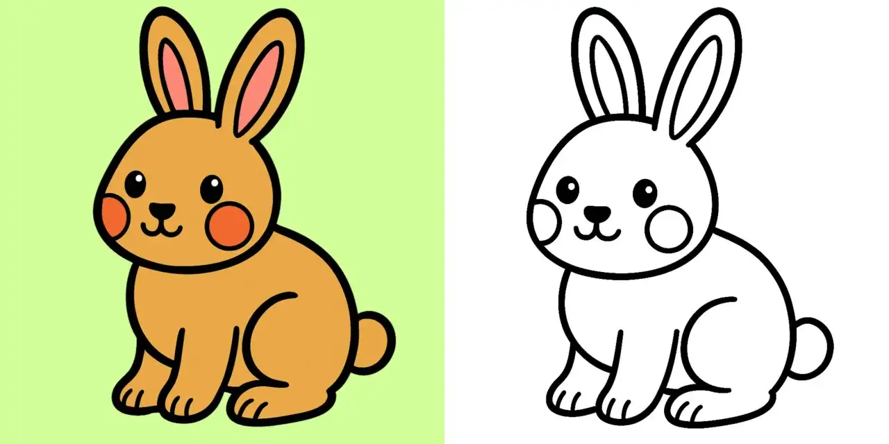 Un adorabile coniglio, un coniglio disegno facile, è mostrato a sinistra con pelliccia colorata e a destra come contorno da colorare.