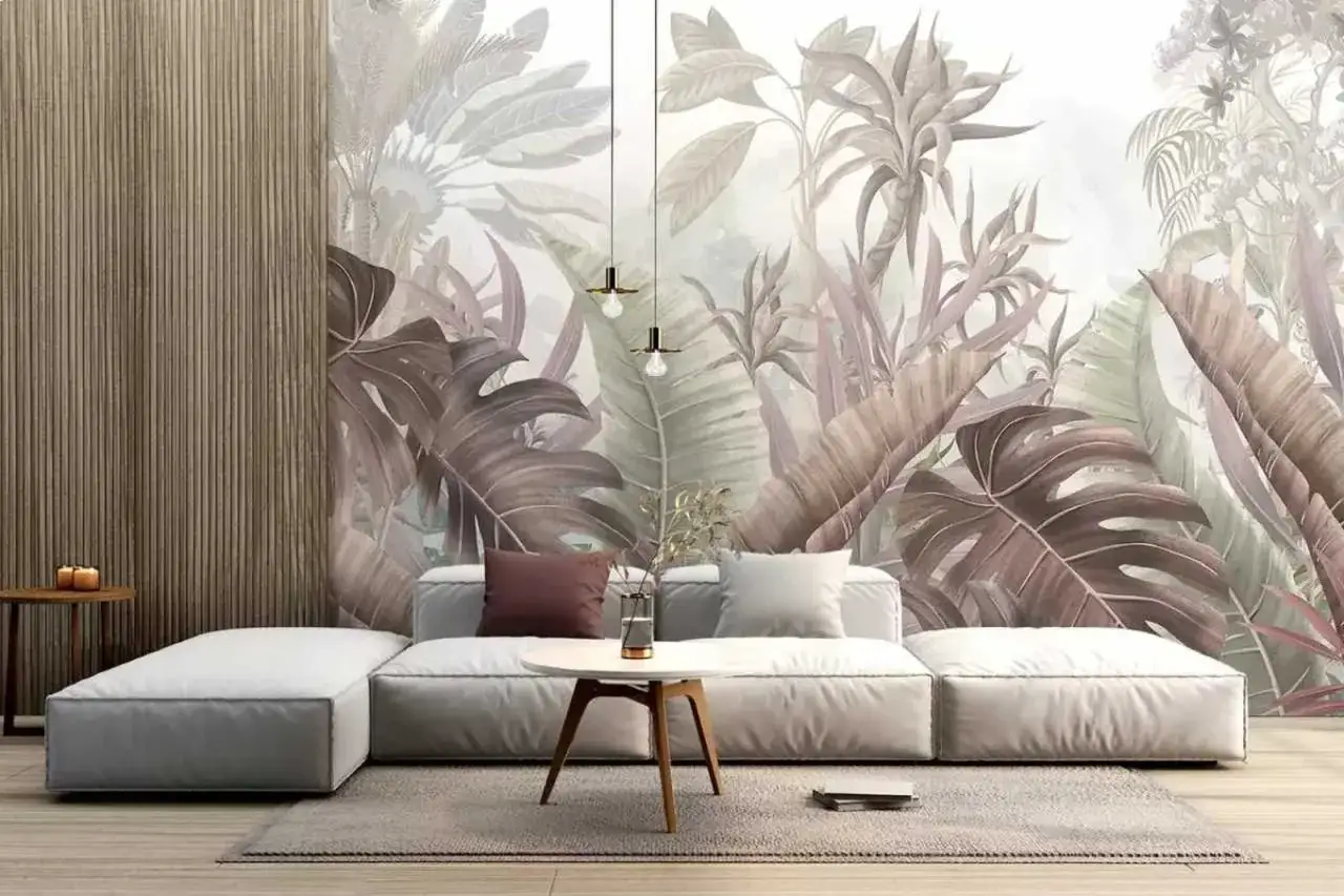 Sof&aacute; moderno frente a pared con mural bot&aacute;nico, ideales para crear ambientes originales pintar paredes con efectos.
