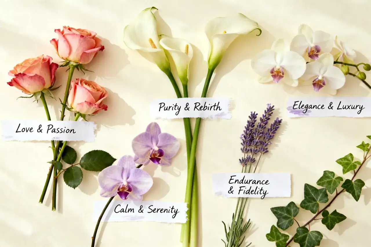 Różowe róże, białe kalie, fioletowe orchidee i lawenda – popularne kwiaty symbolizujące miłość, czystość, elegancję i spokój.