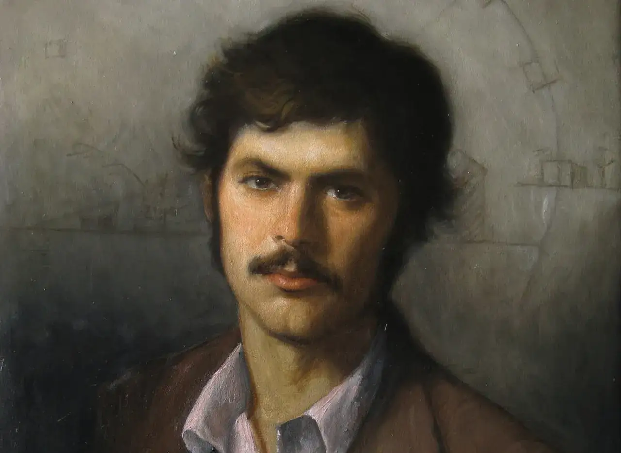 Gemälde eines jungen Mannes mit Schnurrbart und dunklem Haar. Die **portrait definition** wird hier durch die Darstellung des Gesichts und Oberkörpers erfüllt.