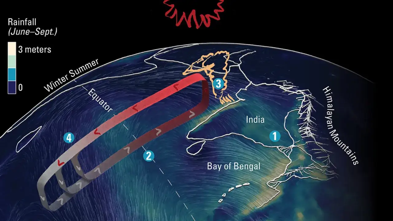 Schemat wyjaśnia, co to cyrkulacja monsunowa: wiatr znad oceanu niesie deszcz do Indii, tworząc cykl.