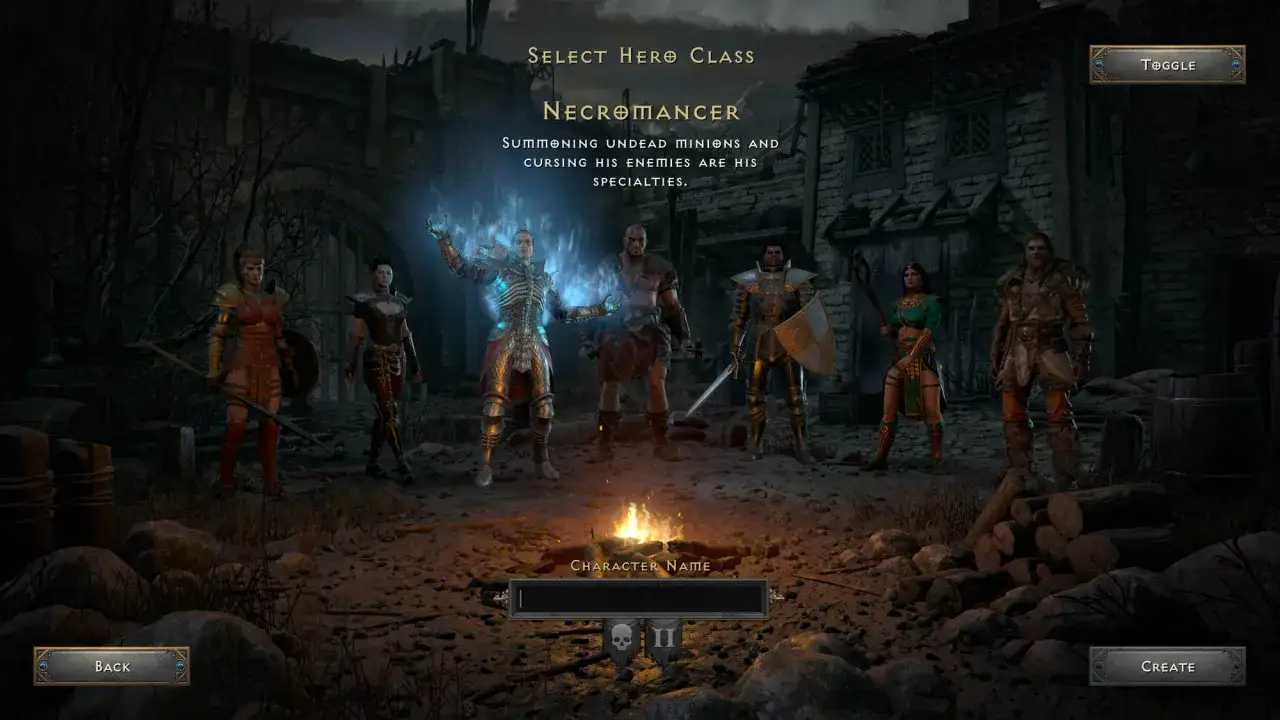Wybór klasy postaci w Diablo 2 Resurrected na PS4. Nekromanta, władca nieumarłych, gotowy do walki.
