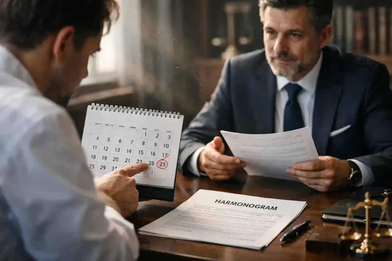 Mężczyzna wskazuje palcem datę 25 na kalendarzu, planując odprawę emerytalną. Obok leży dokument