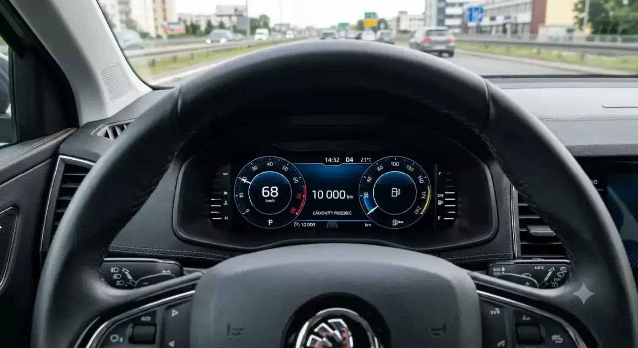 Widok na deskę rozdzielczą samochodu, licznik pokazuje 10 000 km. To może być średni roczny przebieg samochodu w Polsce.
