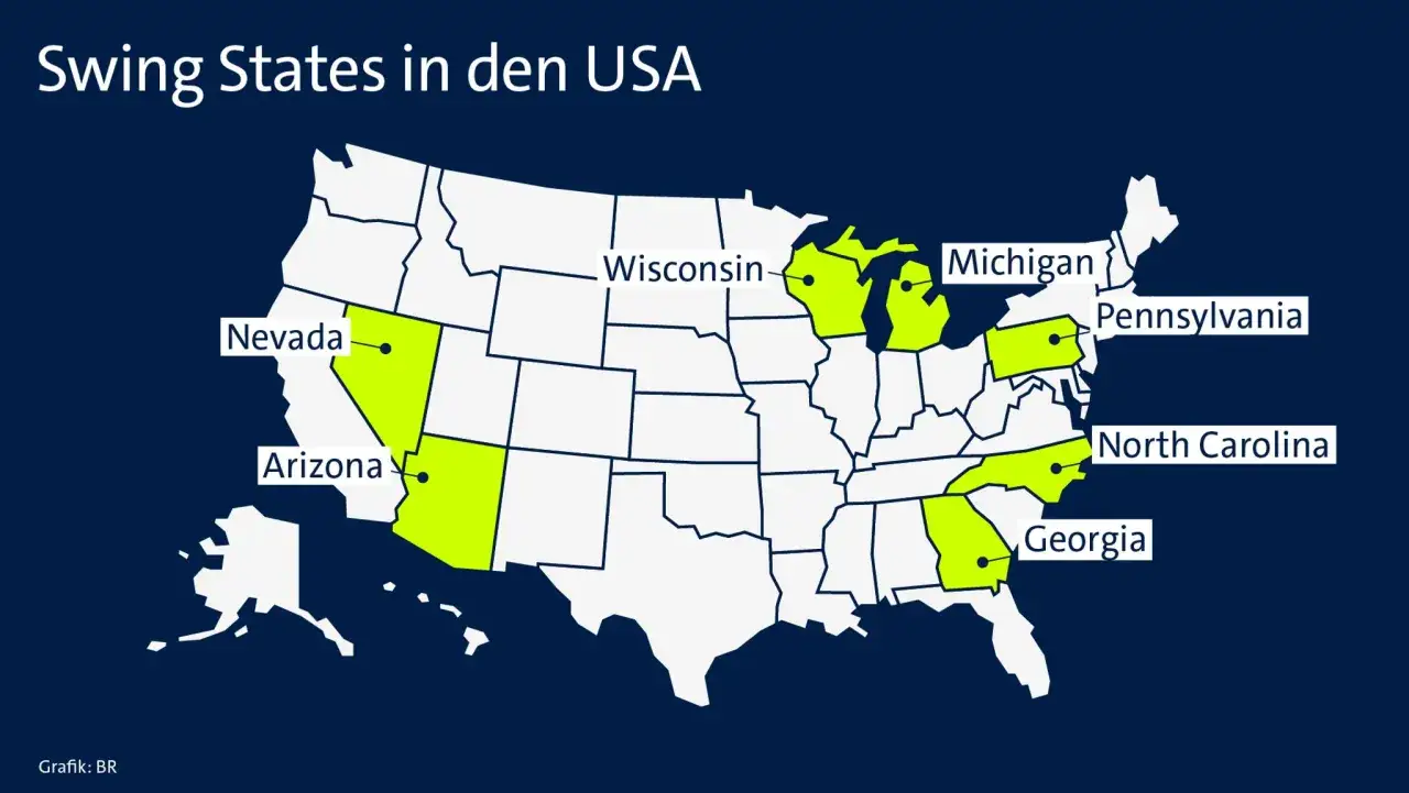 Karte der USA mit hervorgehobenen Swing States wie Nevada, Arizona, Wisconsin, Michigan, Pennsylvania, North Carolina und Georgia, die f&uuml;r die USA Wahl entscheidend sind.