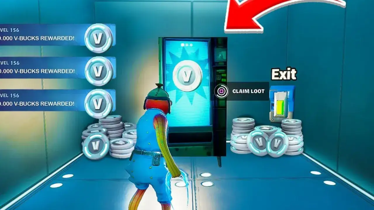 Personaje de Fortnite reclamando V-Bucks en la nueva temporada. ¡Nivel 156 recompensado!