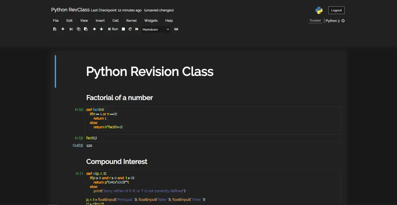 Jupyter Notebook im Dark Mode zeigt Python-Code für Fakultät und Zinsberechnung.