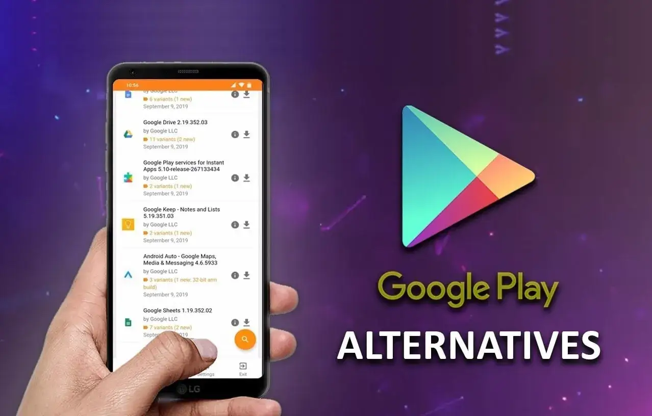 Ręka trzyma smartfon z listą aplikacji. Obok logo Google Play i napis 