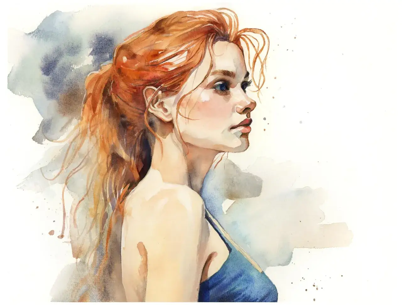 Photo aquarelle d'une jeune femme aux cheveux roux, regardant au loin, avec des touches de bleu et de gris en arrière-plan.