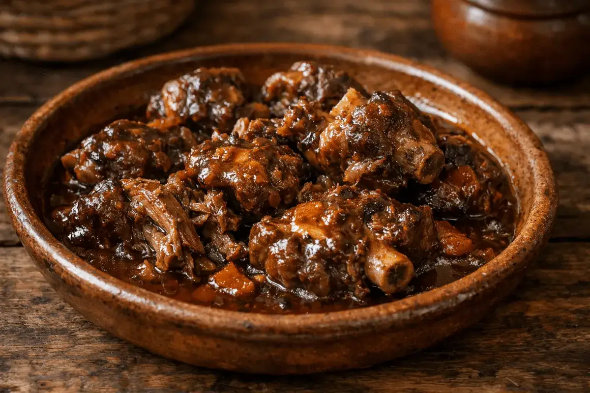 Un taz&oacute;n r&uacute;stico lleno de un delicioso rag&uacute; de ternera, con trozos tiernos de carne en una salsa oscura y rica, servido sobre una mesa de madera.