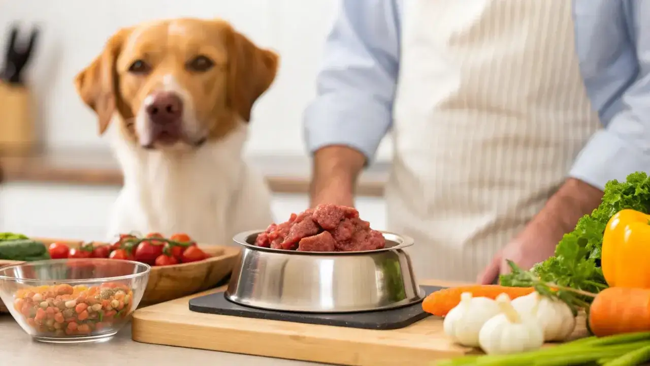 Un perro mira atentamente mientras un humano prepara su comida, que incluye carne cruda, demostrando que los perros pueden comer carne cruda.