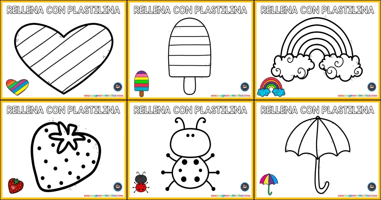 Plantillas dibujos para rellenar con plastilina: coraz&oacute;n, helado, arco&iacute;ris, fresa, mariquita y paraguas. &iexcl;A crear!