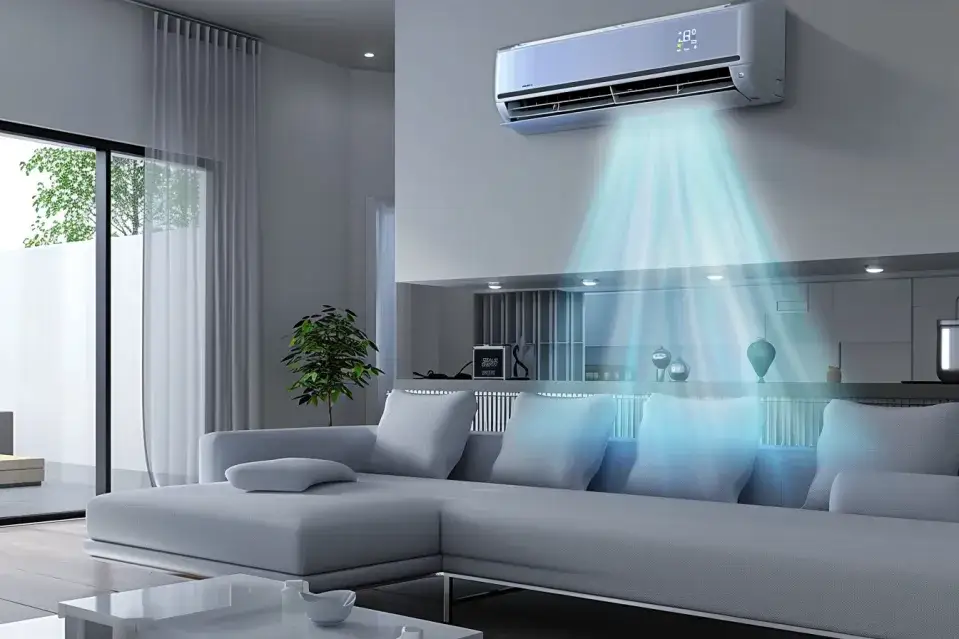 instalator montujący jednostkę wewnętrzną klimatyzacji w salonie