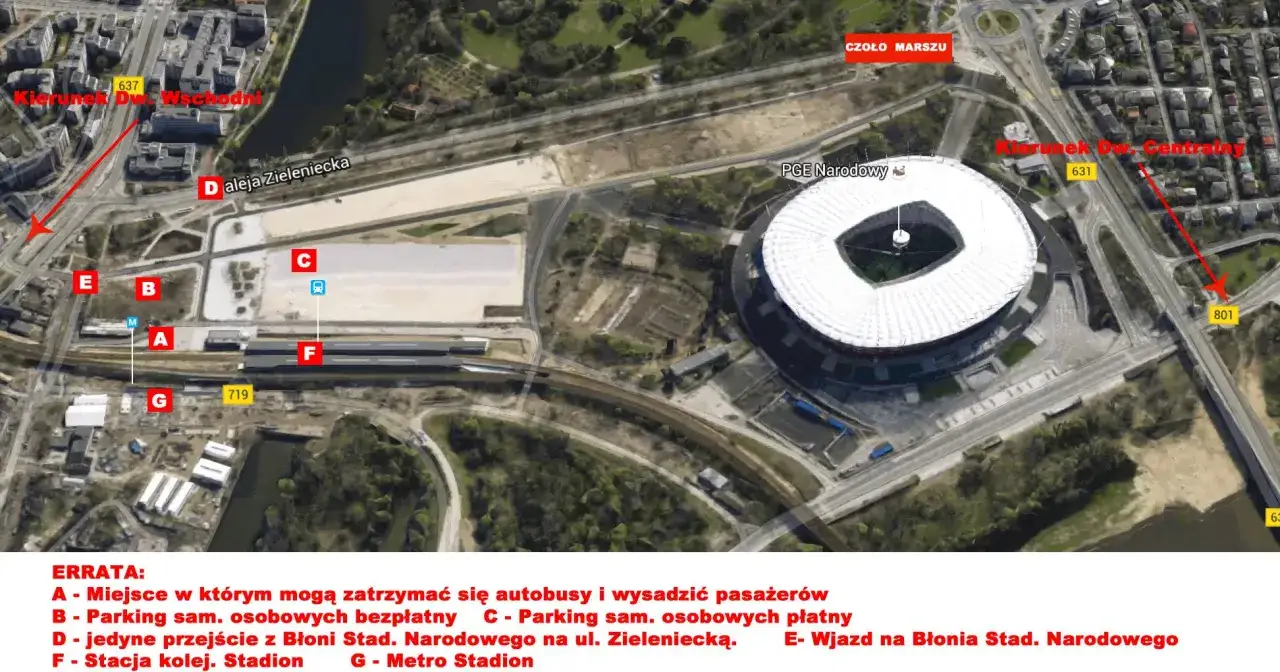 Mapa Błoni Stadionu Narodowego z zaznaczonymi parkingami, dojazdem i stacjami komunikacji.