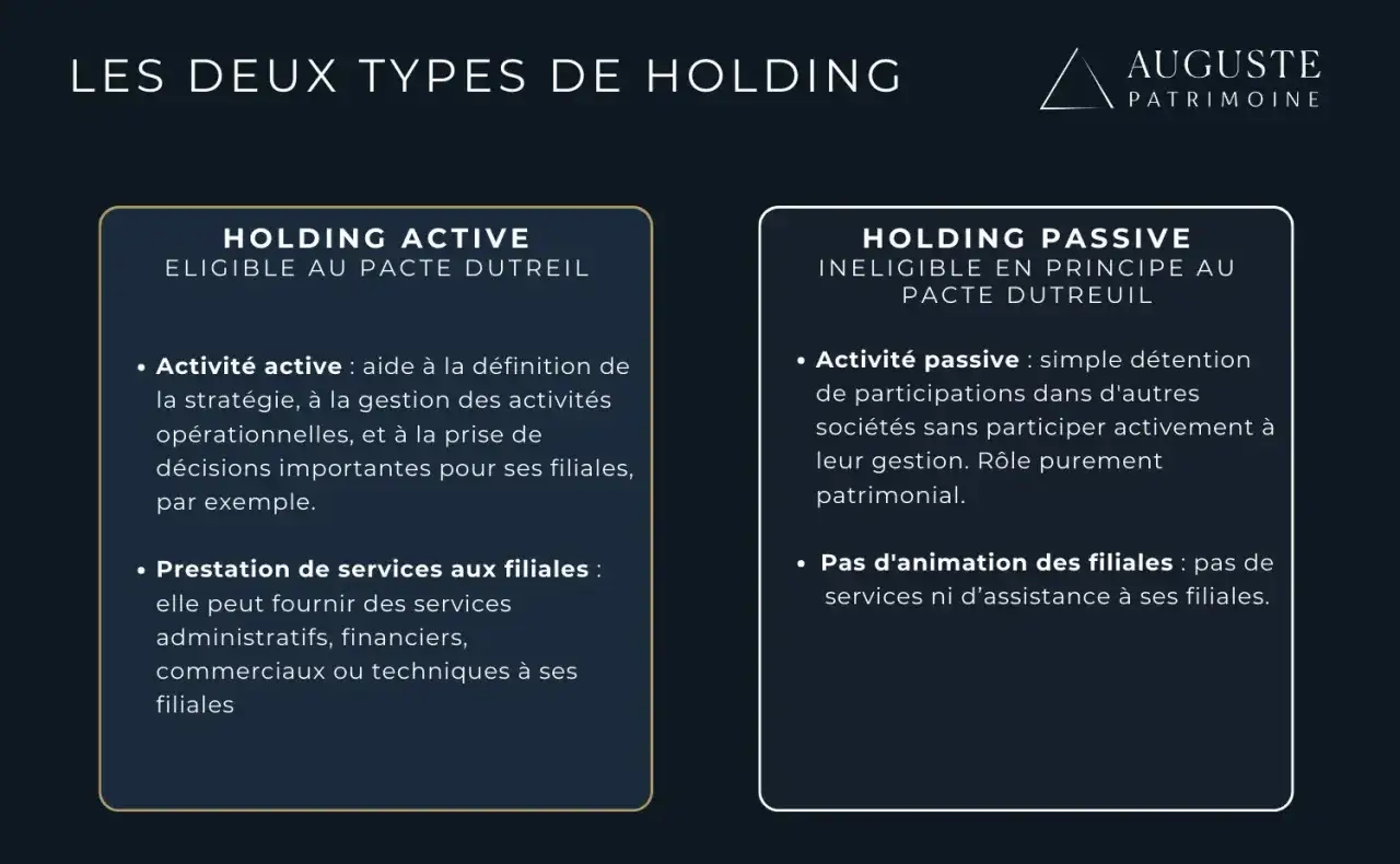 Comparaison des holdings actives et passives, éligibles ou non au pacte Dutreil. Une holding active gère ses filiales, une passive se contente de détenir des participations.
