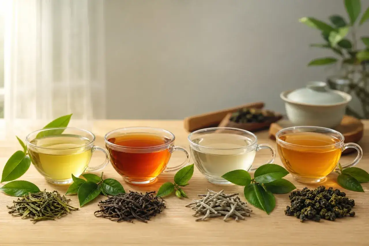 Quatre tasses de th&eacute; aux couleurs vari&eacute;es, entour&eacute;es de feuilles et de feuilles de th&eacute; s&egrave;ches. Le th&eacute; est-il bon pour la sant&eacute; ?