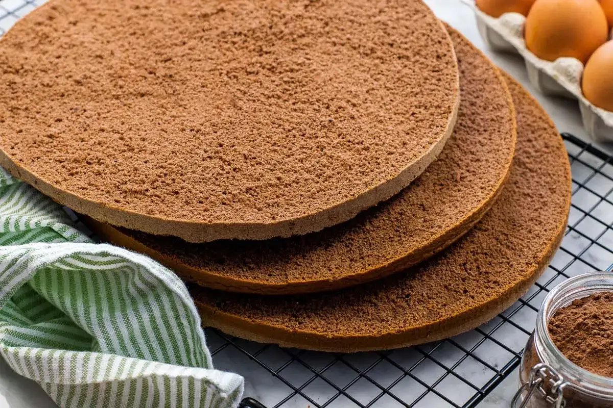 Tre dischi di soffice pan di spagna al cacao, pronti per essere farciti. Accanto, un barattolo di cacao in polvere e un canovaccio a righe.