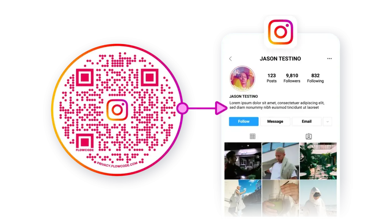 QR kod z logo Instagrama prowadzi do profilu Jasona Testino. Zeskanuj, by zobaczyć jego posty!