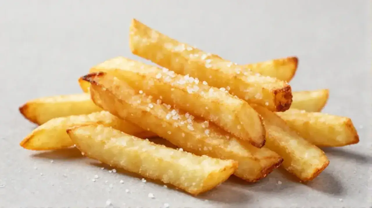 Goldbraune, knusprige Pommes im Airfryer, bestreut mit grobem Salz. Perfekt f&uuml;r einen schnellen Snack!
