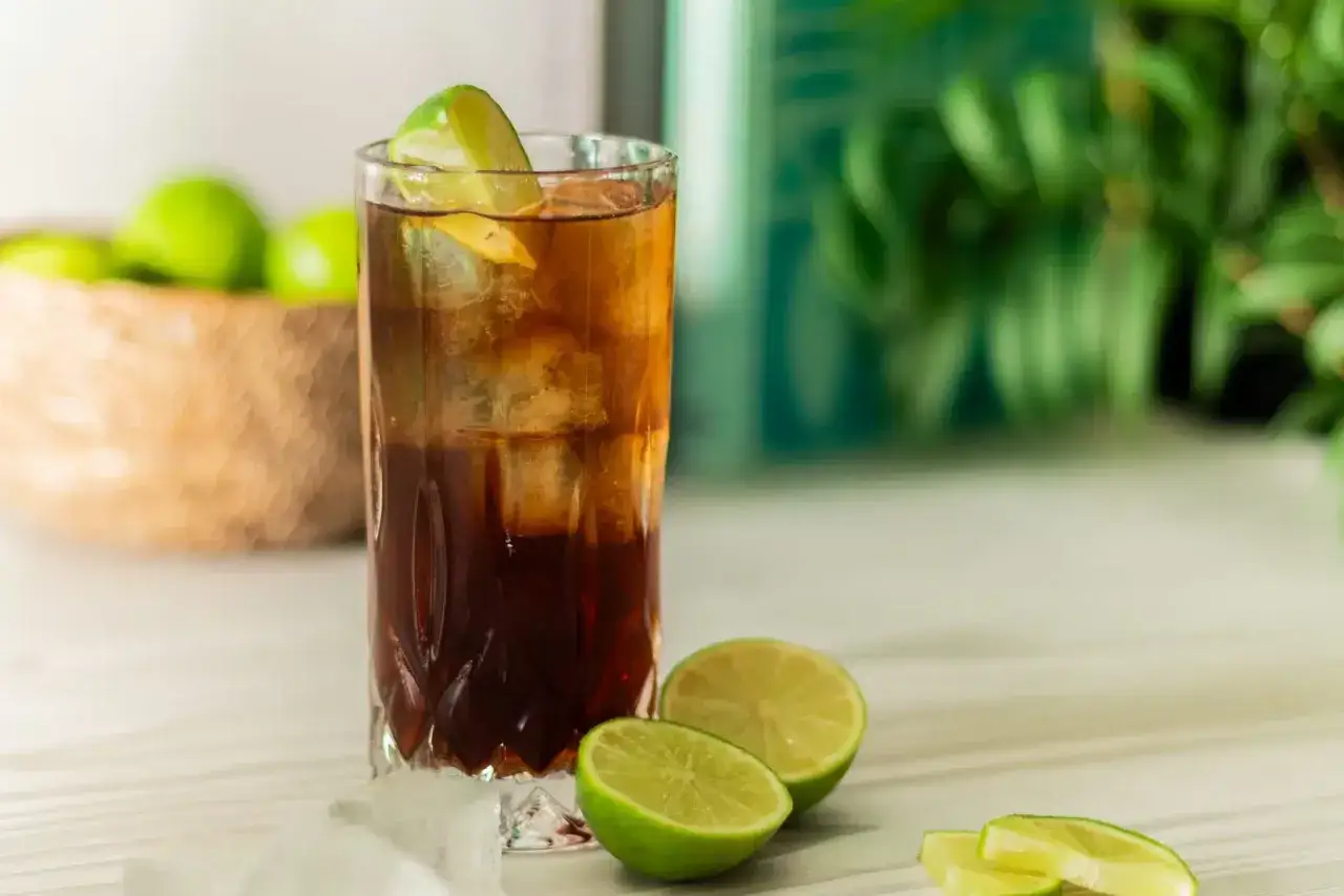 Erfrischender cocktail mit braunem rum, Eisw&uuml;rfeln und Limettenspalten. Im Hintergrund eine Schale voller Limetten und gr&uuml;ne Pflanzen.