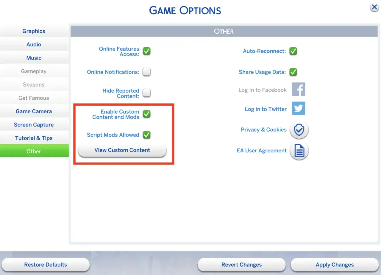 Ustawienia gry Sims 4: włączanie zawartości niestandardowej i modów. Zaznaczone opcje