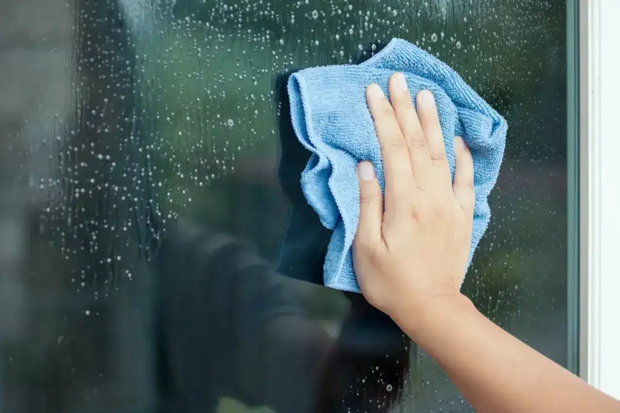 Ręka z niebieską ściereczką czyści zaparowane okno. Może to być efekt użycia gliceryny do mycia okien, która zapobiega parowaniu.