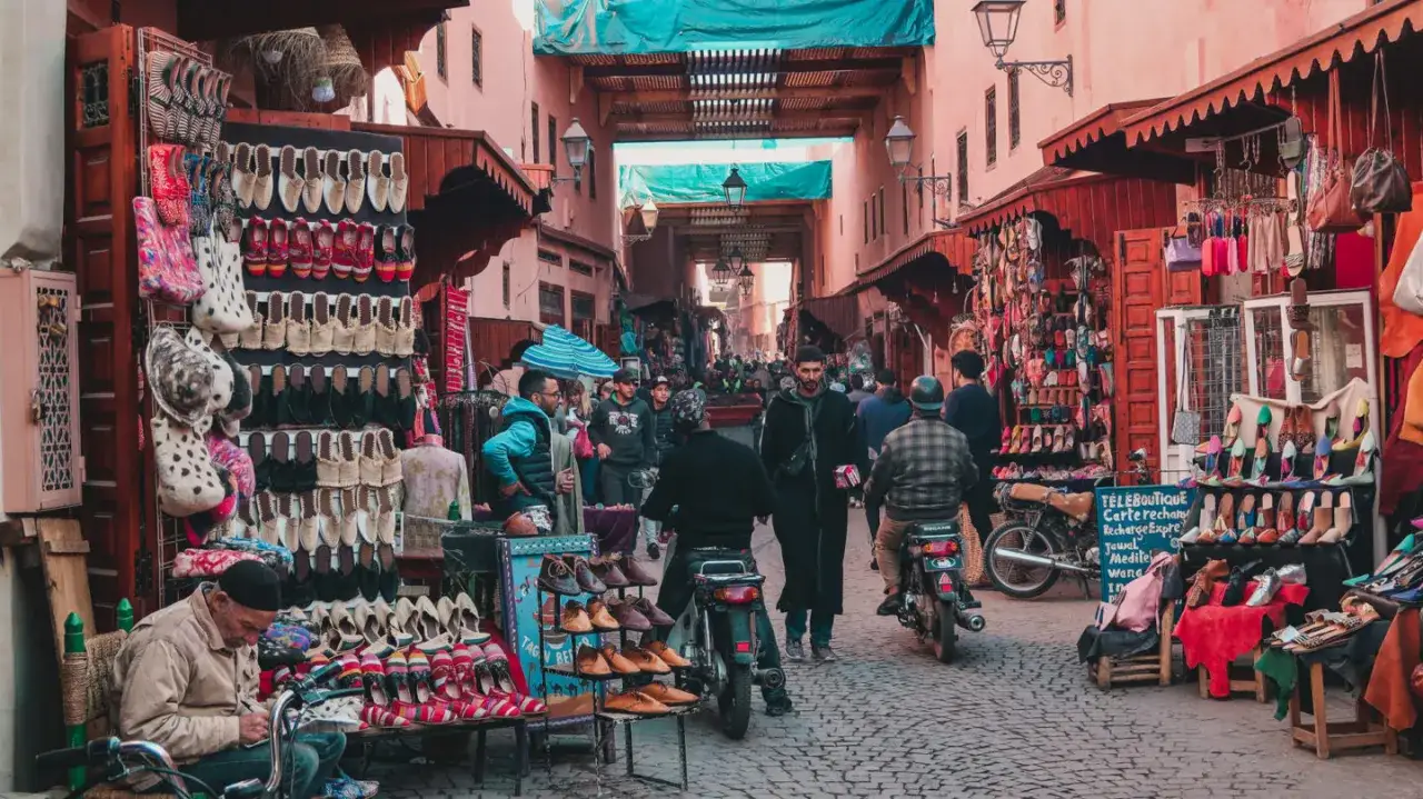Tłum ludzi na targu w Marrakeszu, sprzedawcy obuwia i torebek. Czy Marrakesz jest bezpieczny dla turystów? Tak, to tętniące życiem miejsce.
