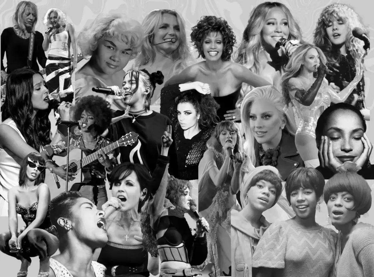 Eine Collage ikonischer Sängerinnen, die die besten Songs aller Zeiten geschaffen haben: Von Whitney Houston bis Billie Eilish, eine Hommage an weibliche Musiklegenden.