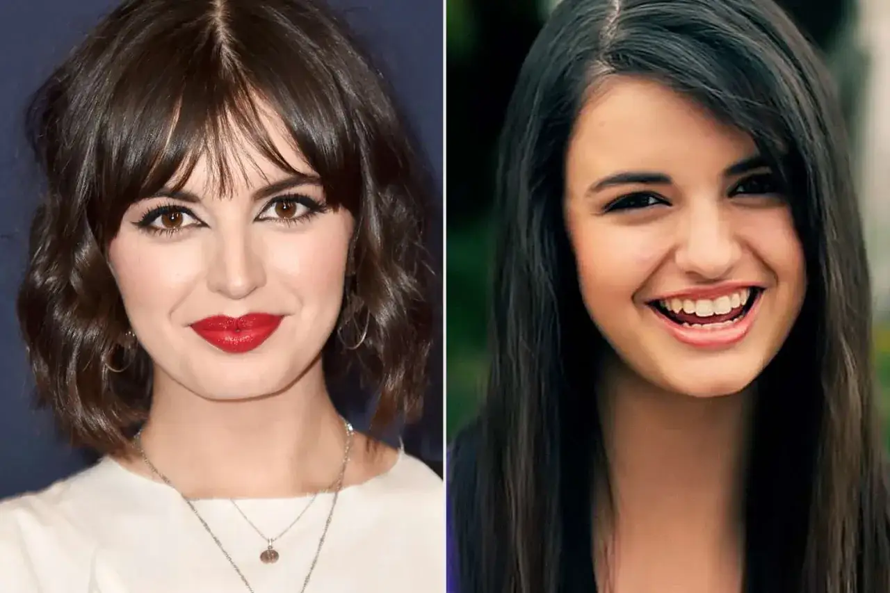 Rebecca Black z czerwoną szminką i w kr&oacute;tkich włosach po lewej, a po prawej z długimi włosami i szerokim uśmiechem.