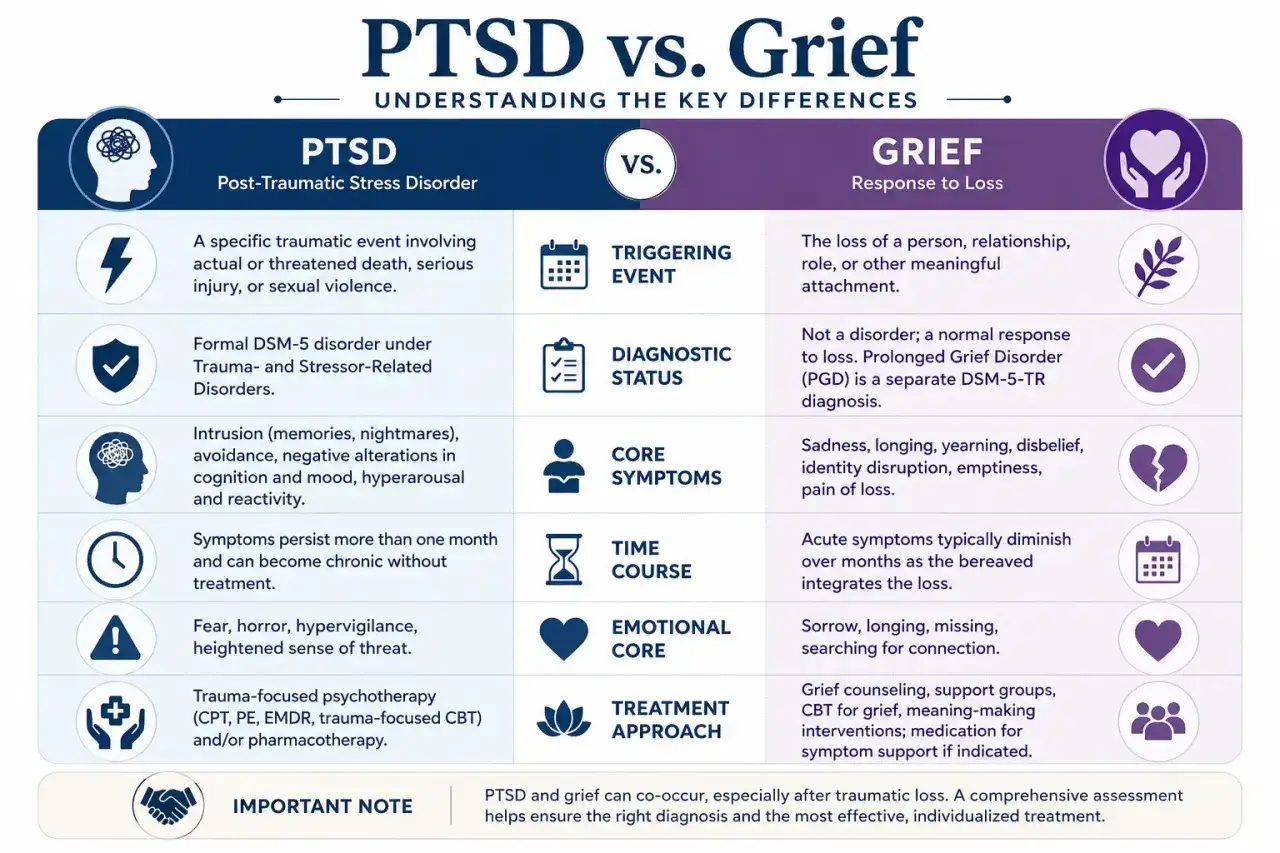 Porównanie PTSD i żałoby. Objawy PTSD to m.in. natrętne wspomnienia, unikanie, nadmierna czujność.