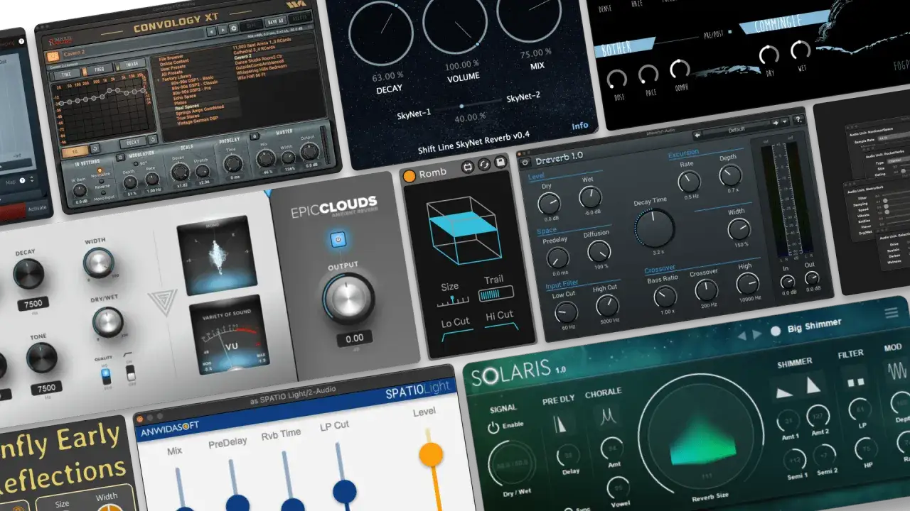 A collage of audio plugins, showcasing various free reverb VSTs like Convology XT, SkyNet, and Dreverb, offering creative sound design possibilities.