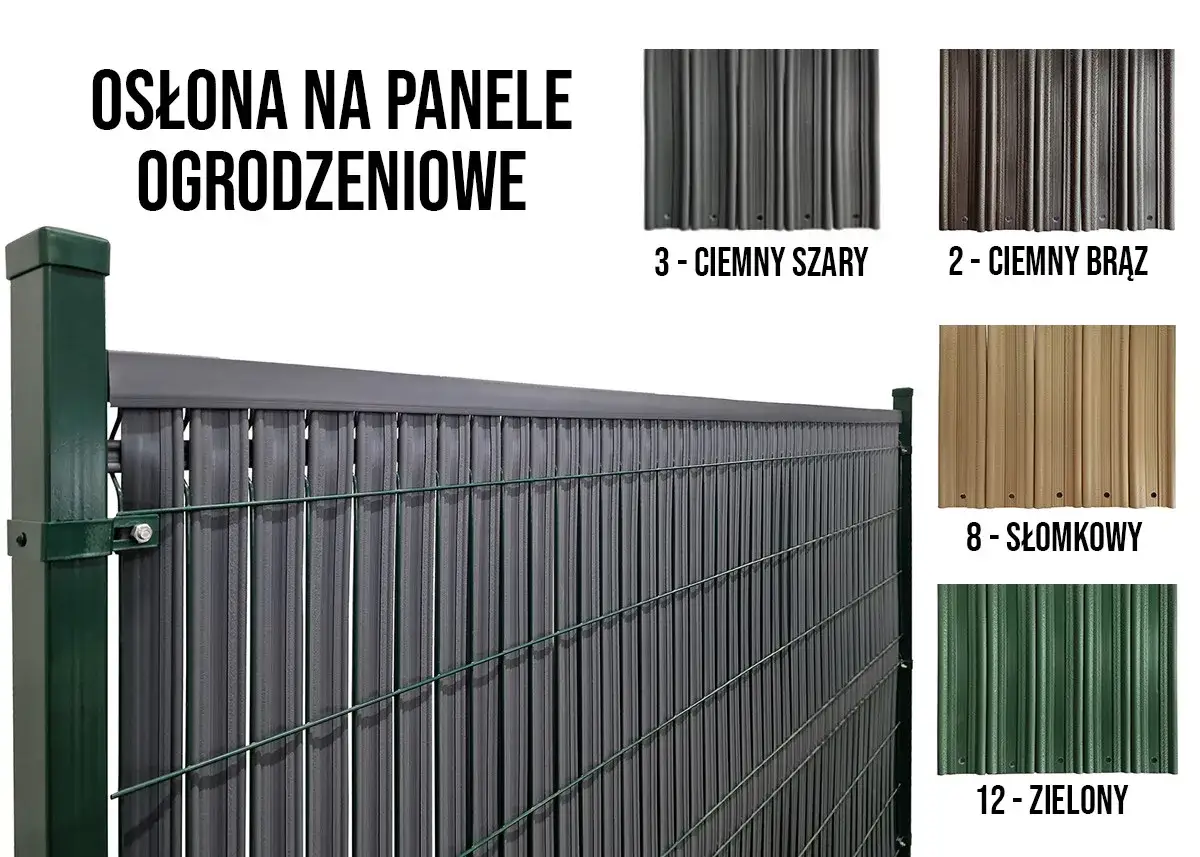 Jak zasłonić ogrodzenie panelowe? Zobacz osłony w kolorach: ciemny szary, ciemny brąz, słomkowy i zielony.