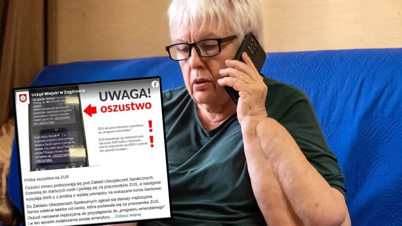 Kobieta rozmawia przez telefon, widząc ostrzeżenie o oszustwie smishing. ZUS nie prosi o przelewy SMS.