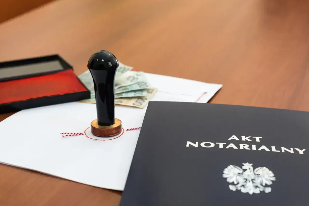 Stempel notarialny, pieniądze i akt notarialny na biurku. Dokumenty czekają na pieczęć, która potwierdzi prawo własności, czyli **dominium**.