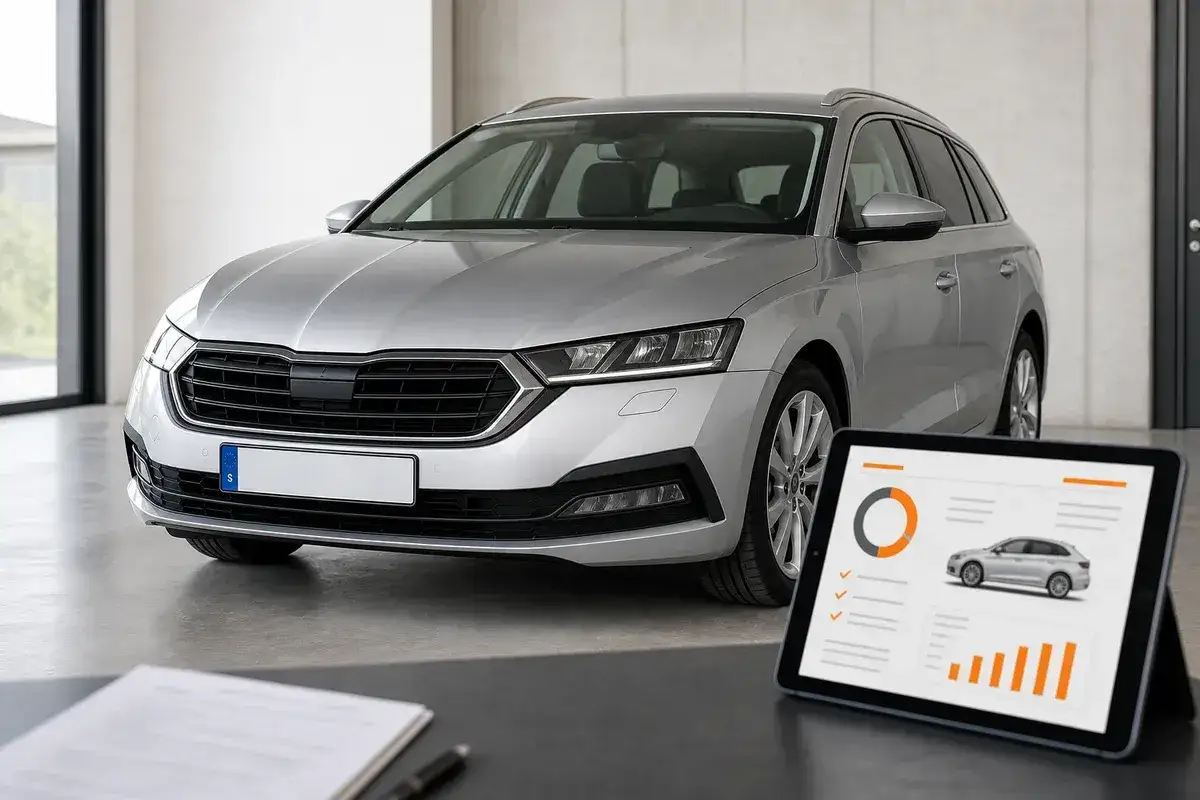 Silver kombibil framf&ouml;r en surfplatta med bilstatistik. En ny &aring;rsmodell bil som ser ut att vara redo f&ouml;r leverans.