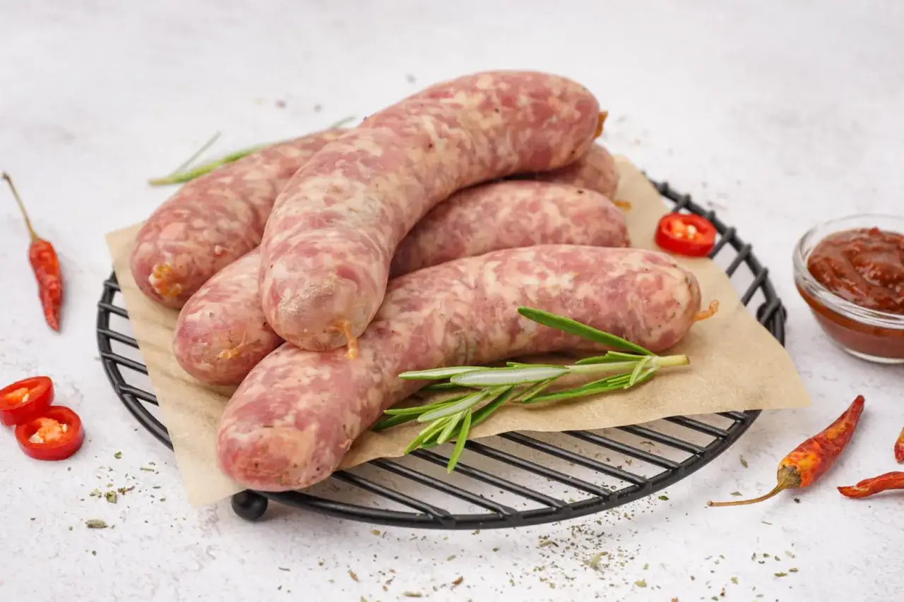 Surowa biała kiełbasa na ruszcie, z chili i rozmarynem. Idealna do gotowania, by poznać tajniki jak ugotować białą kiełbasę.