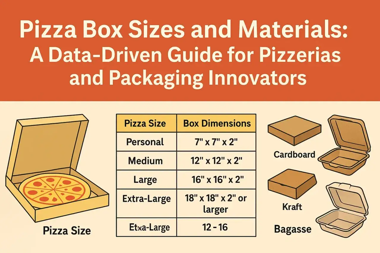 Tabela rozmiarów i materiałów kartonów na pizzę. Od osobistej po extra-large, z wymiarami i przykładami opakowań.