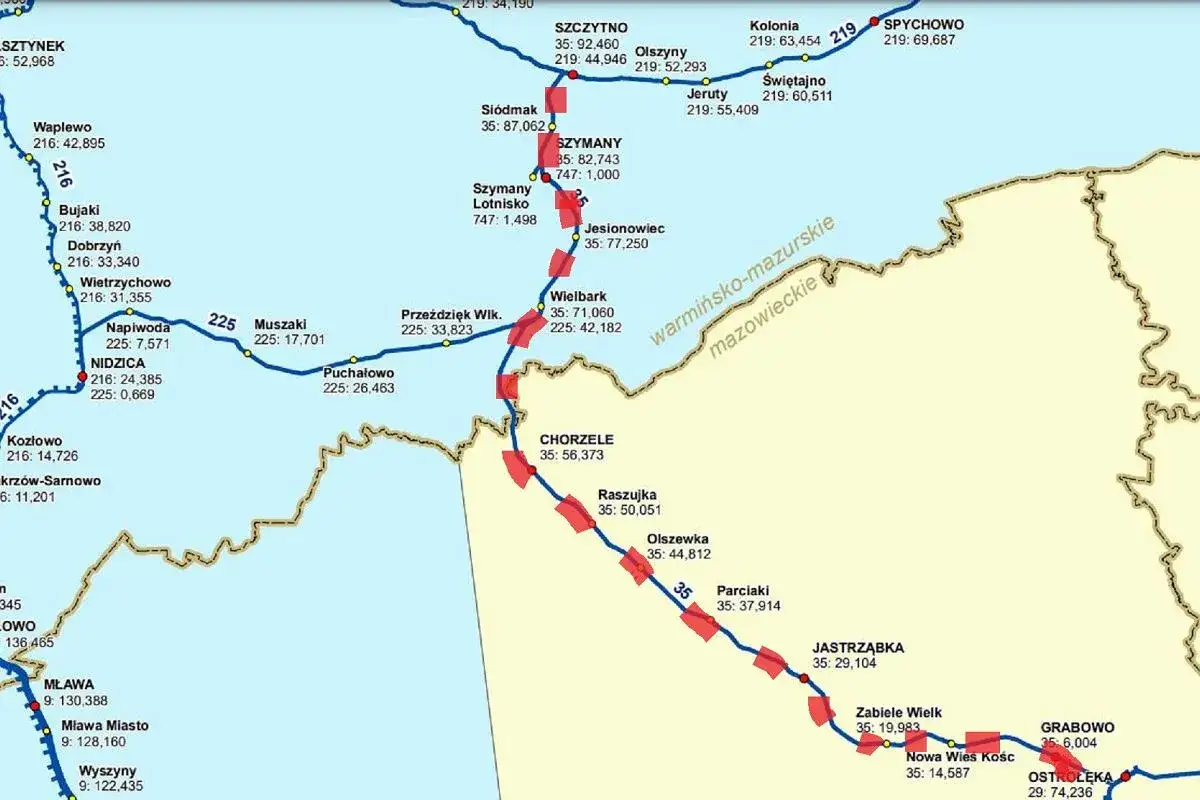 Mapa kolejowa z zaznaczonymi stacjami i liniami, w tym pociąg Osterwa.