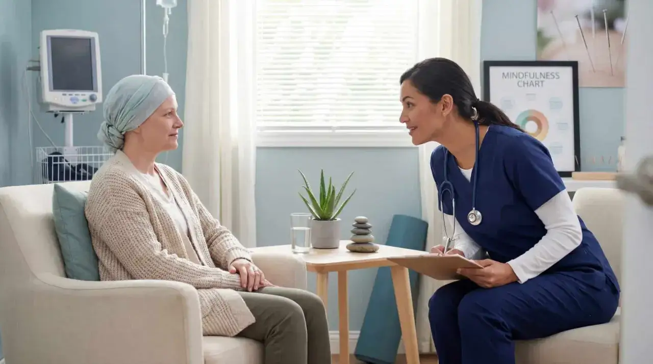 Eine Ärztin spricht mit einer Patientin, die ein Kopftuch trägt. Im Hintergrund hängt eine Infusionspumpe und eine Akupunktur-Grafik, die auf integrative Onkologie hinweist.