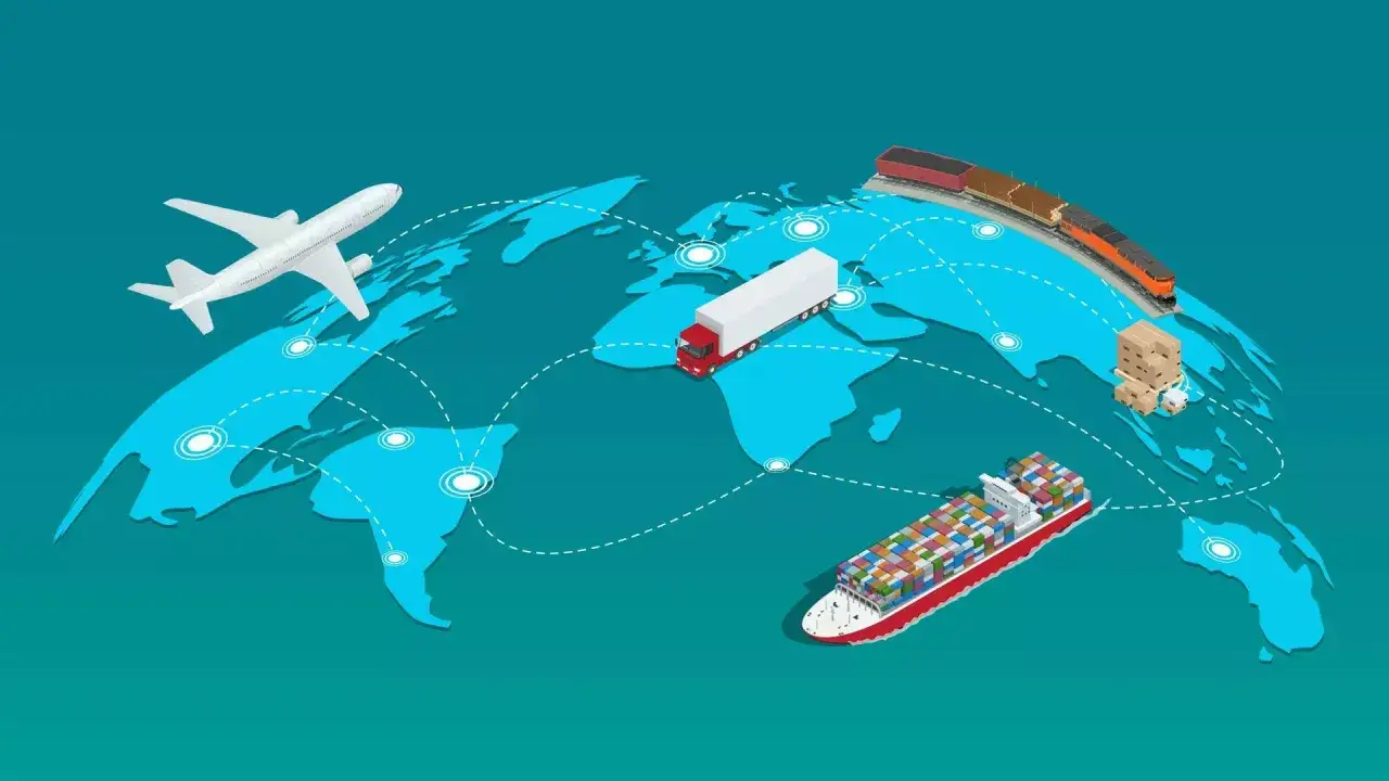 Globale Logistik: Flugzeug, LKW, Zug und Containerschiff verbinden Kontinente. Die Frage, wie lange braucht ein Schiff von China nach Deutschland, wird durch diese Transportmittel illustriert.