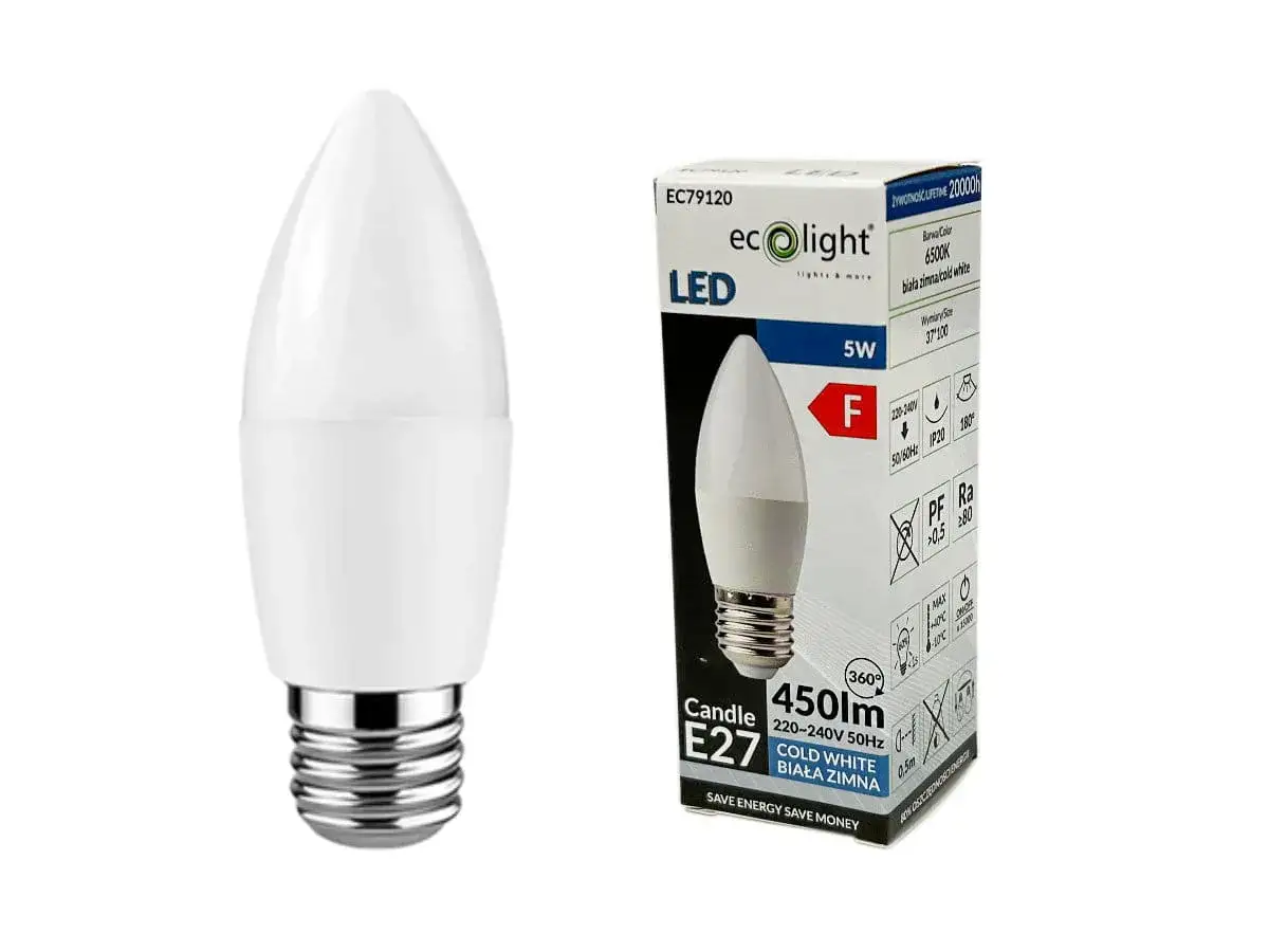 Żarówka LED E27 w kształcie świecy, zimna barwa biała, 5W, 450lm. Idealna do nowoczesnych wnętrz.