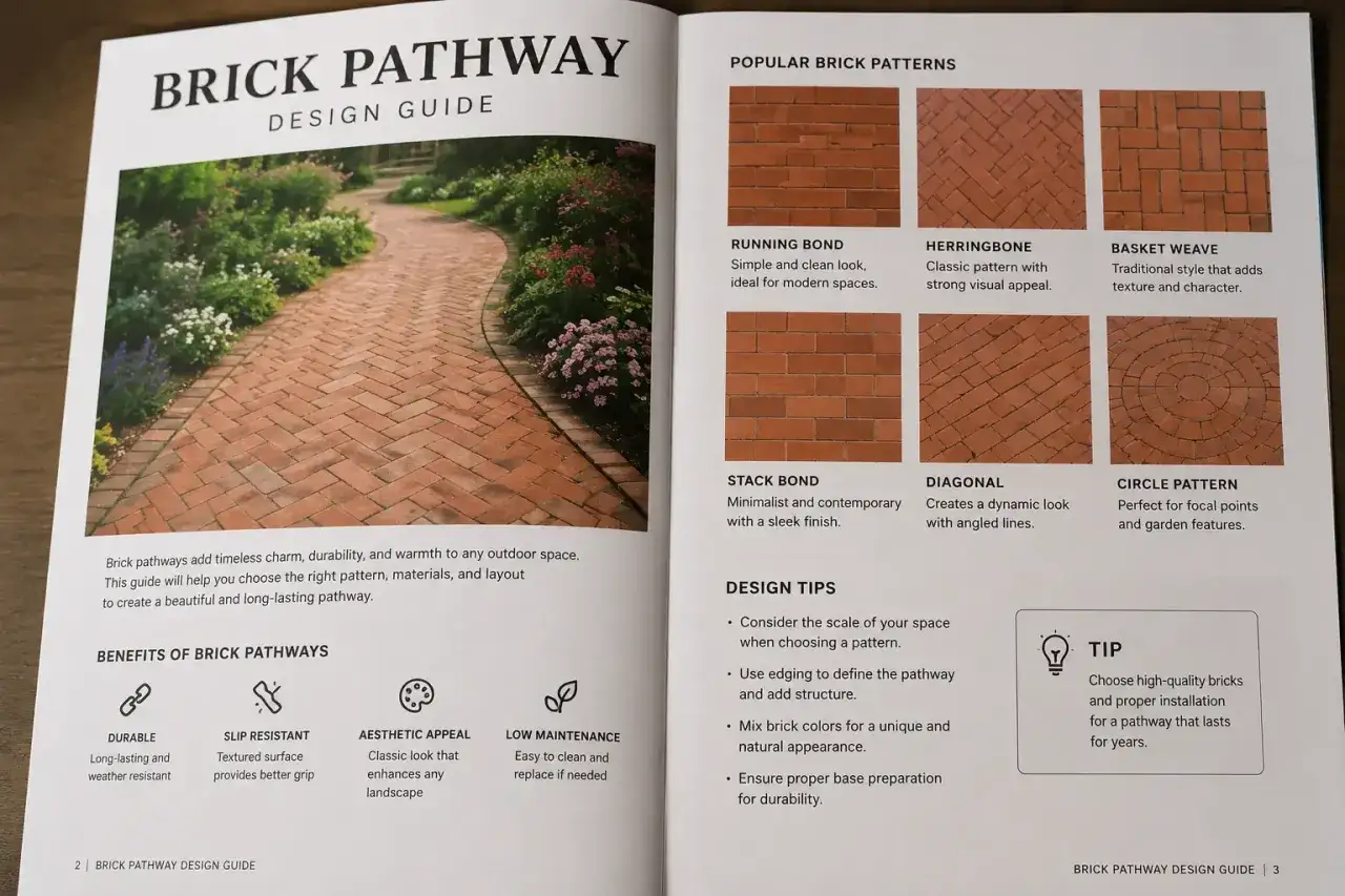 A winding brick walkway curves through a garden, surrounded by lush greenery and flowers. The guide showcases various brick patterns.