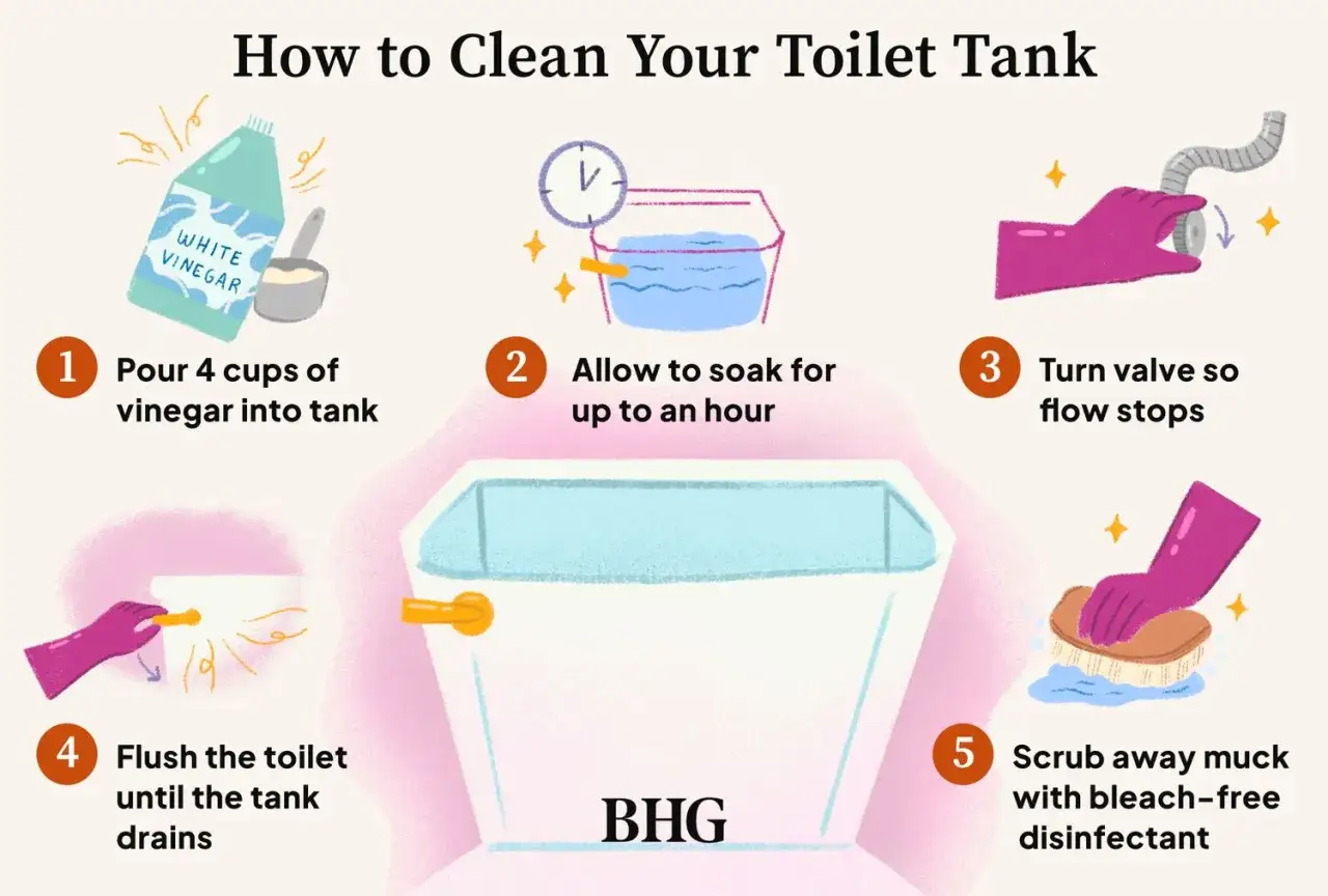 Steps to clean toilet tank: pour vinegar, soak, turn off valve, flush, scrub muck with disinfectant.