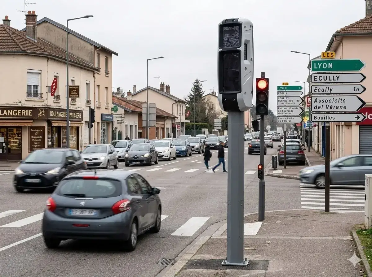 Un radar feu rouge surveille un carrefour animé. Des voitures attendent au passage piéton, sous un ciel gris.