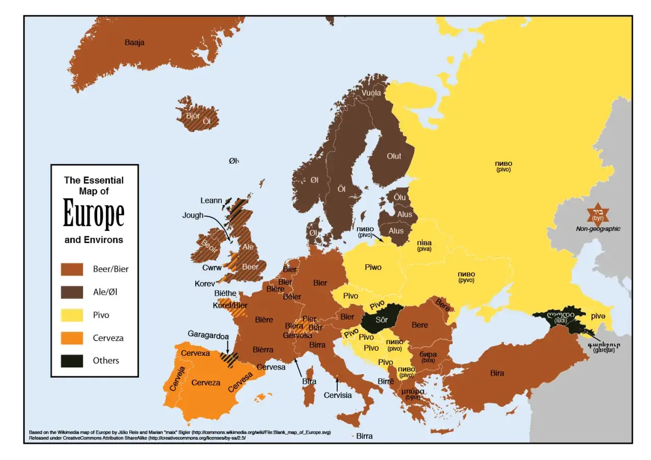 różne butelki alkoholu, wina i piwa na tle mapy Europy