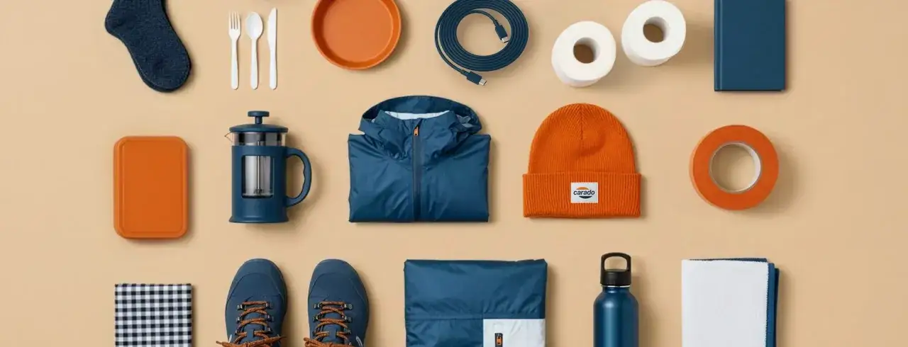 Packlista camping: Bl&aring; jacka, m&ouml;ssa, k&auml;ngor, termos, bestick, tallrik, rulle, bok, kabel, och mer.