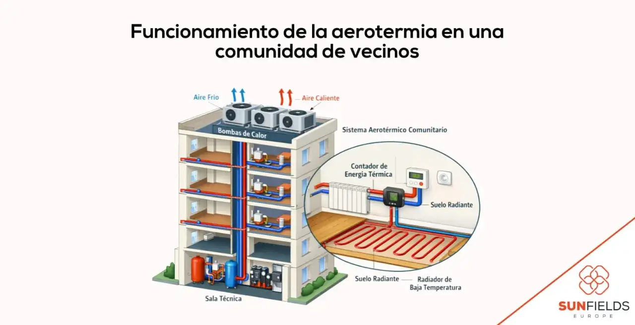 Diagrama ilustra el funcionamiento de la aerotermia centralizada en un edificio, mostrando bombas de calor, suelo radiante y contador de energía térmica.