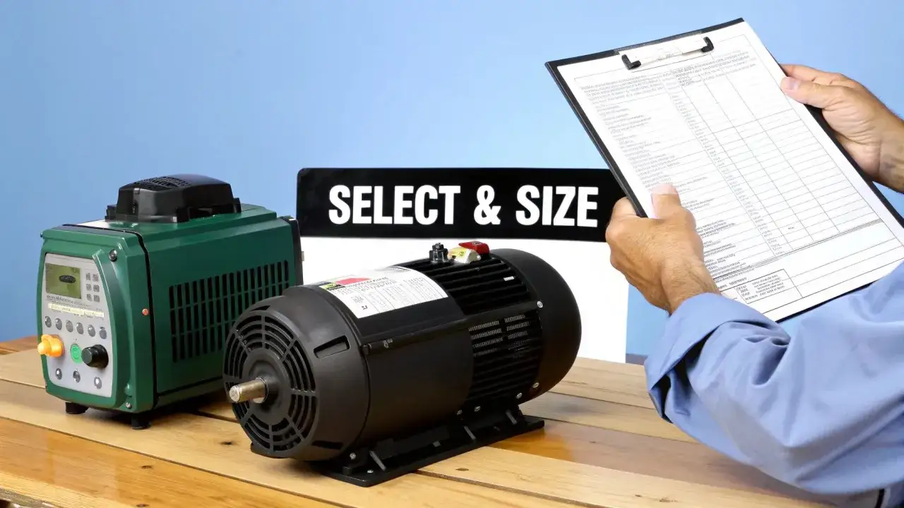 A person reviews a chart for a variable frequency drive application, next to a green VFD and a black motor.